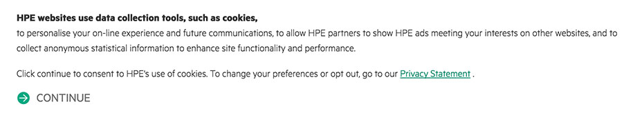 Hewlett Packard cookies notice with Continue button for consent