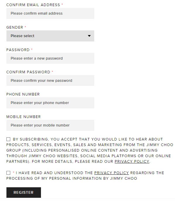 Jimmy Choo account registration form with checkboxes for opting in to marketing communications and agreeing to Privacy Policy