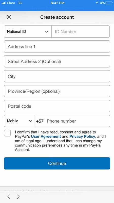 PayPal&#039;s mobile Create Account form with clickwrap checkbox - GDPR-compliant