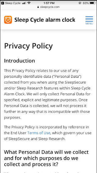 Sleep Cycle mobile Privacy Policy introduction clause