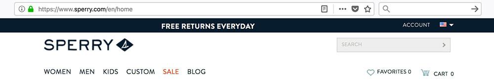 Screenshot of Sperry homepage with URL