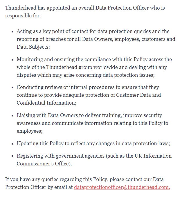 Thunderhead Data Protection and Security Policy: Data Protection Officer clause