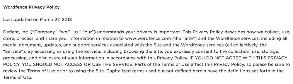 Wordfence Privacy Policy: Intro clause using browsewrap