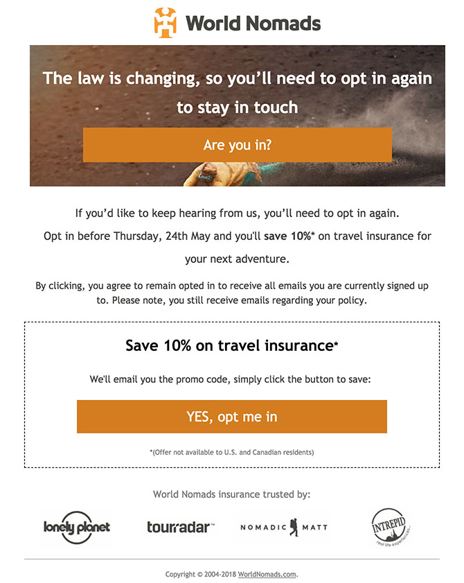World Nomads email re-consent and re-permission campaign with promo code for opting in