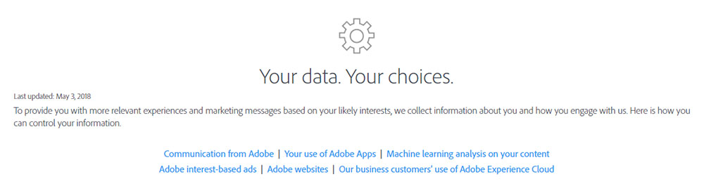 Adobe Opt-Out Page: Your data. Your Choices. Intro clause with links