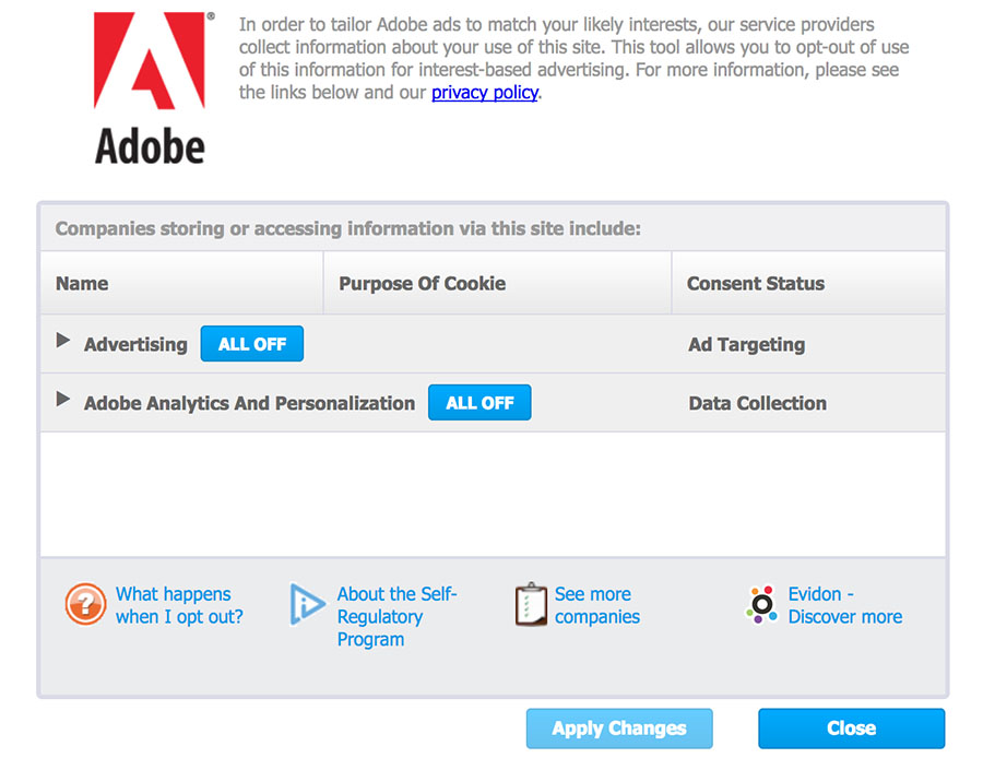 Adobe Opt-Out Page: Set Preferences: Interest-based ads and cookies tool