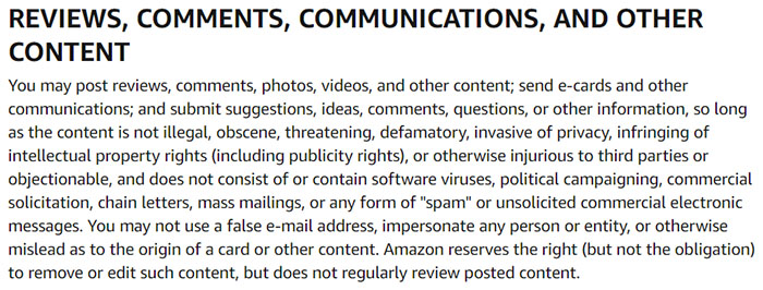 Amazon Conditions of Use: Review, Comments, Communications, and Other Content clause