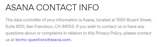Asana Privacy Policy: Contact Info clause