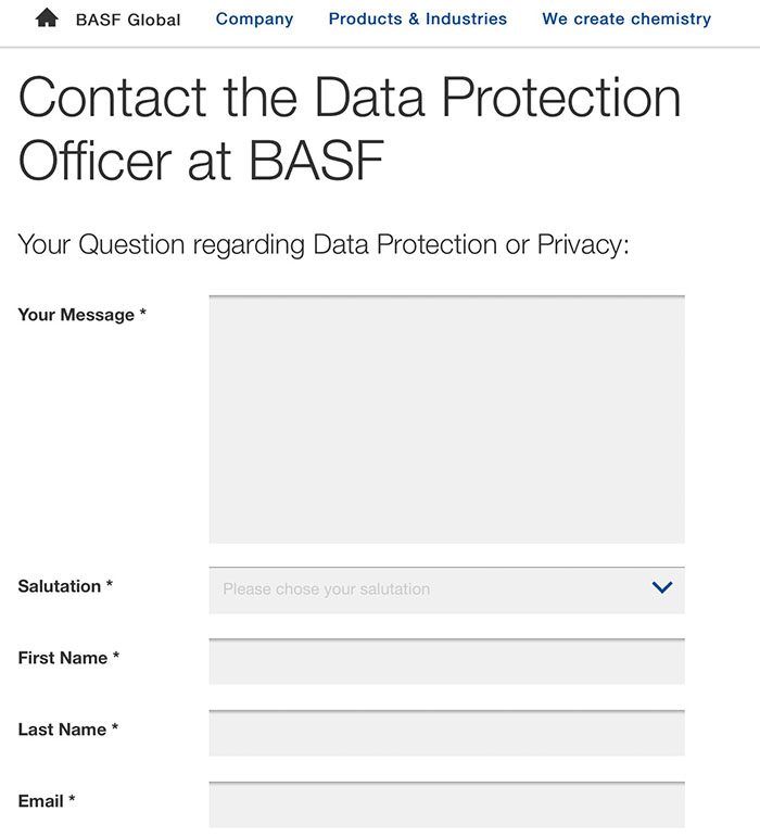 BASF Contact Data Protection Officer form