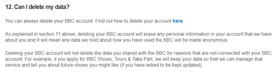 BBC Privacy Policy: Can I delete my data clause