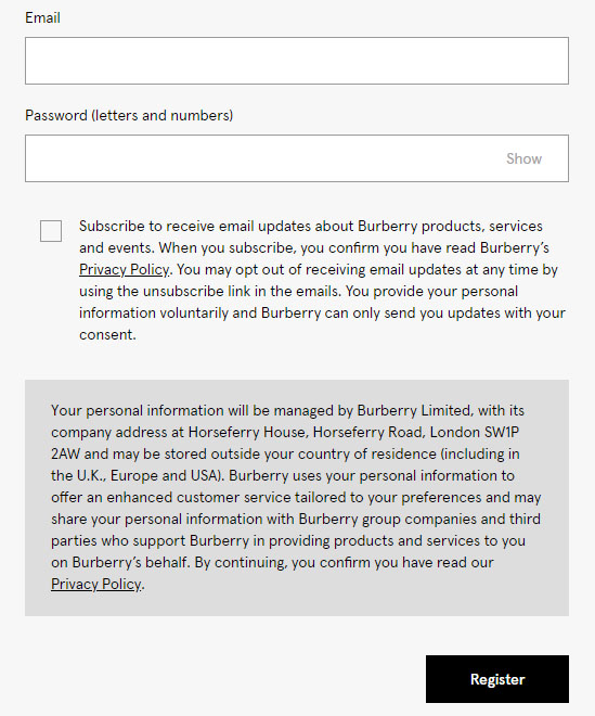 Burberry’s account register form with checkbox consent for email subscribe