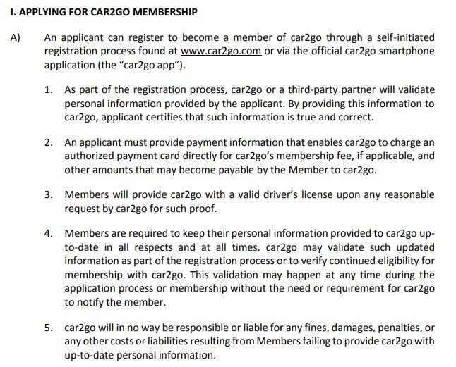 Car2Go Trip Terms and Conditions: Applying for a Car2Go Membership clause