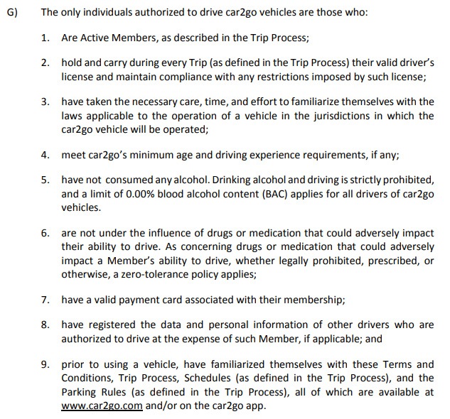 Car2Go Trip Terms and Conditions: Driving Privileges clause Authorized Drivers section