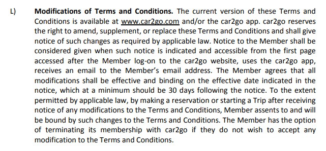 Car2Go Trip Terms and Conditions: Modifications of Terms and Conditions clause