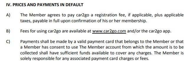 Car2Go Trip Terms and Conditions: Prices and Payments in Default clause