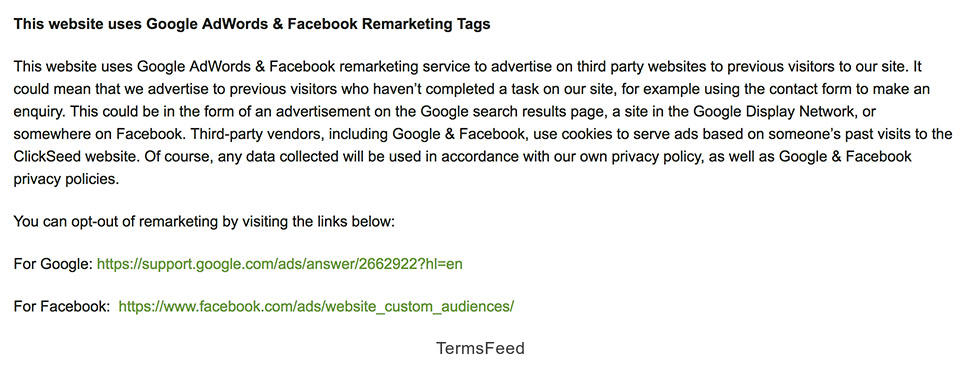 Clickseed Privacy Policy: This website uses Google AdWords and Facebook Remarketing Tags clause