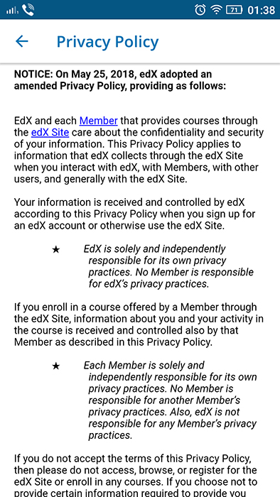 edX mobile Privacy Policy intro for GDPR update