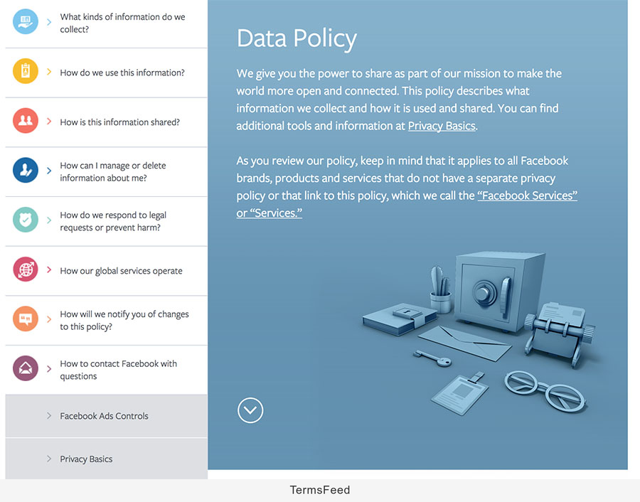 Facebook Data Policy homepage with menu and summary