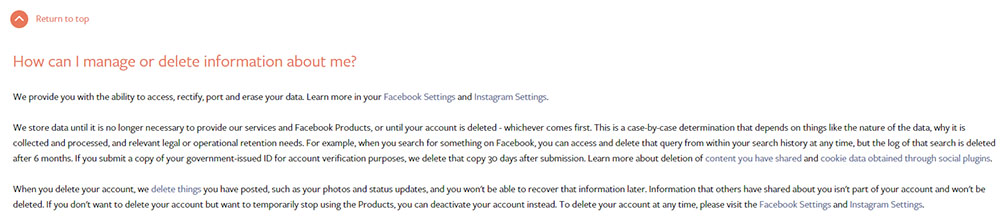 Facebook Data Policy: How can I manage or delete information about me clause