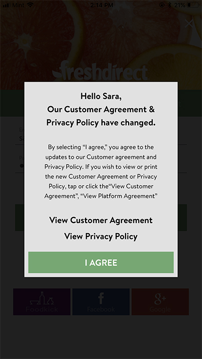 FreshDirect mobile: Customer Agreement and Privacy Policy updates notification with I Agree for consent