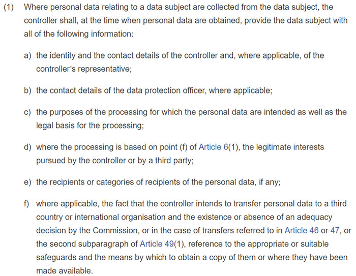 GDPR Article 13 Section 1: Information to be provided where personal data are collected from the data subject