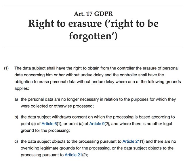 GDPR Article 17 Section 1 excerpt: Right to erasure - Right to be forgotten