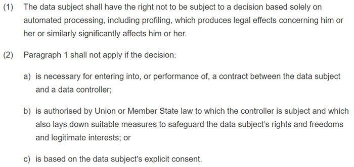 GDPR Article 22 Sections 1 and 2: Automated individual decision-making including profiling