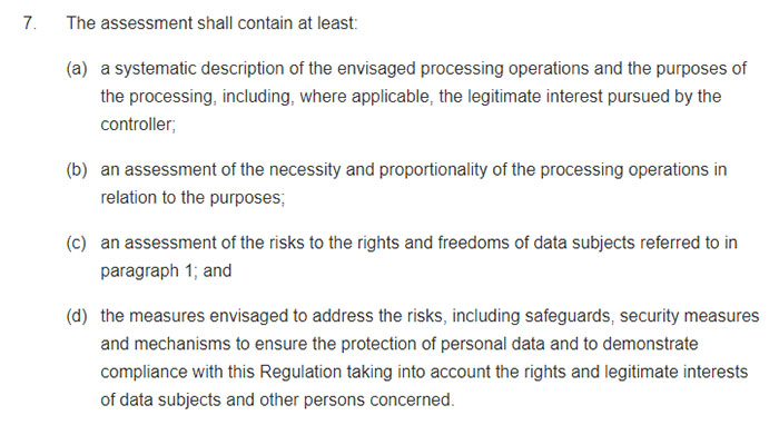 GDPR Article 35 Section 7: Data protection impact assessment