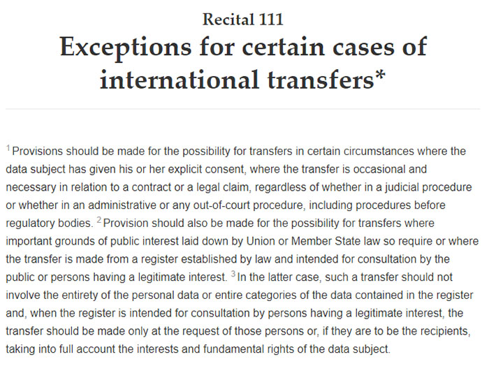 GDPR Recital 111: Exceptions for certain cases of international transfers