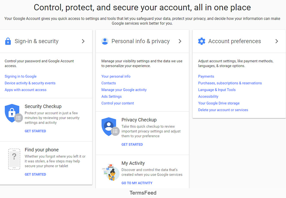 Google Account: Control, protect and secure your account interface