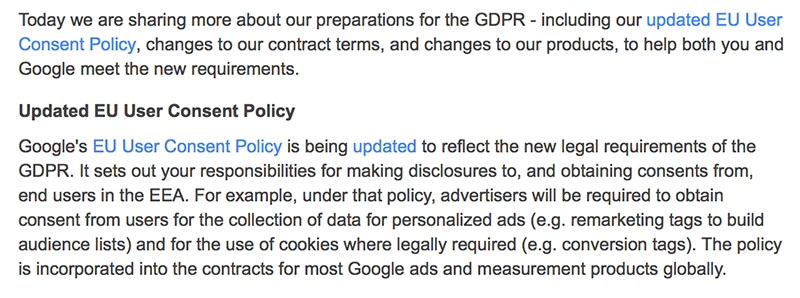 Google AdWords email notice about updated EU User Consent Policy - GDPR