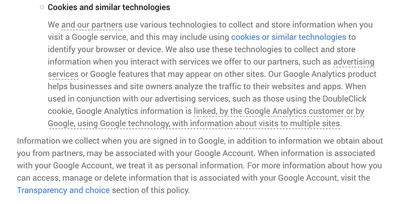 Google Privacy Policy: Information we collect: Cookies and similar technologies clause