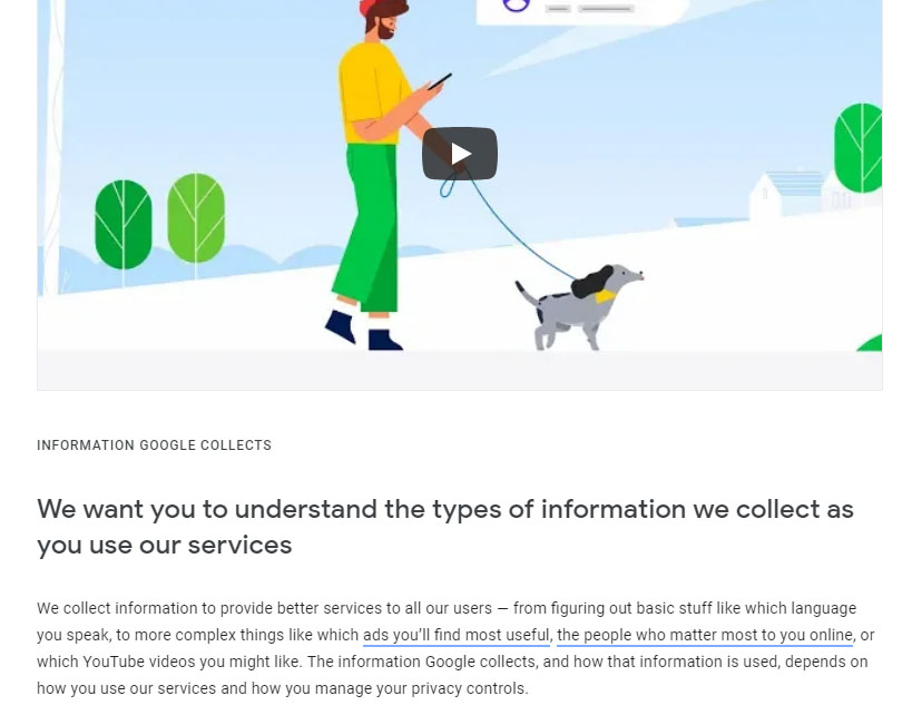 Google Privacy Policy: Information Google Collects clause with video intro