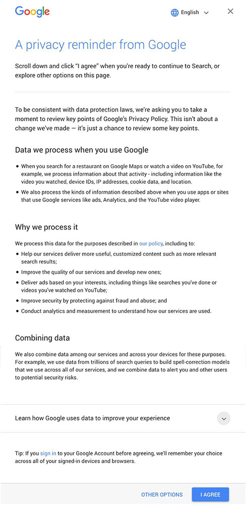 Google privacy reminder notice about data processing with I Agree button