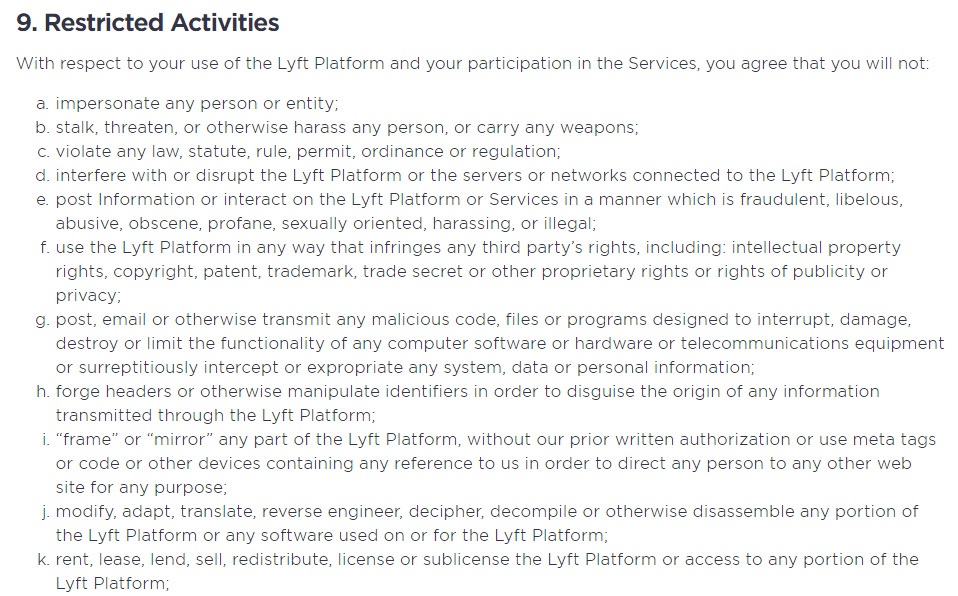 Lyft Terms of Service: Restricted Activities clause excerpt
