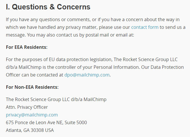 MailChimp Privacy Policy: Questions and Concerns clause with contact information