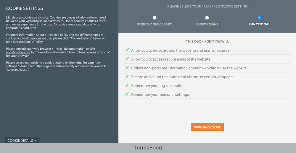 Marsh website Cookie Settings screen