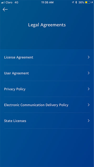 PayPal mobile app: Legal Agreements menu