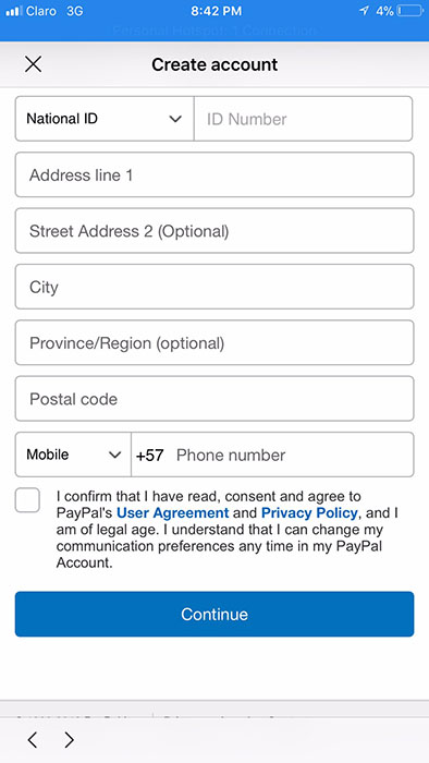 PayPal mobile registration form with clickwrap for consent to legal agreements