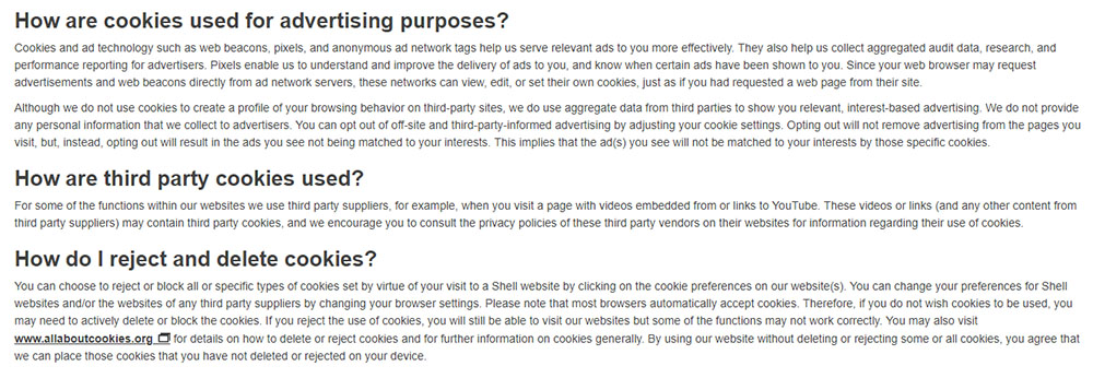 Shell Global Cookie Policy: Advertising purposes, third party cookies and how to reject and delete cookies clauses