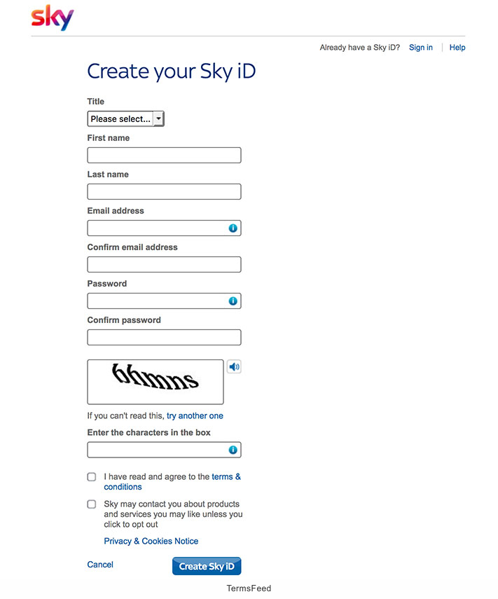 Sky Communications: Screenshot of Create ID registration form page