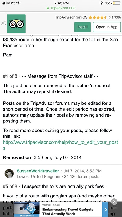 TripAdvisor: mobile forum showing post removed by request of author and a link for how to edit posts