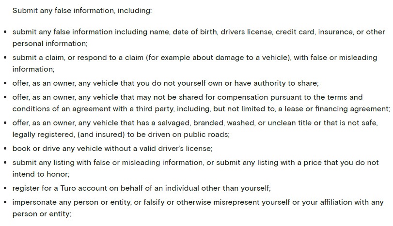 Turo Terms of Service: Your Commitments: No submitting false information clause
