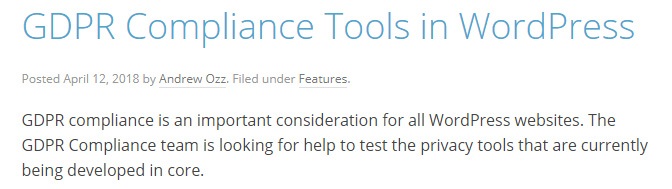 WordPress: GDPR Compliance Tools page: Screenshot of intro