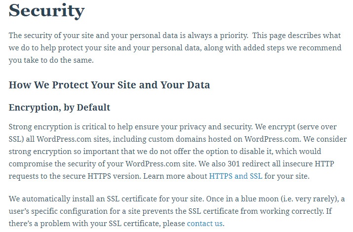 WordPress Support: Security: Encryption section from How We Protect Your Site and Your Data
