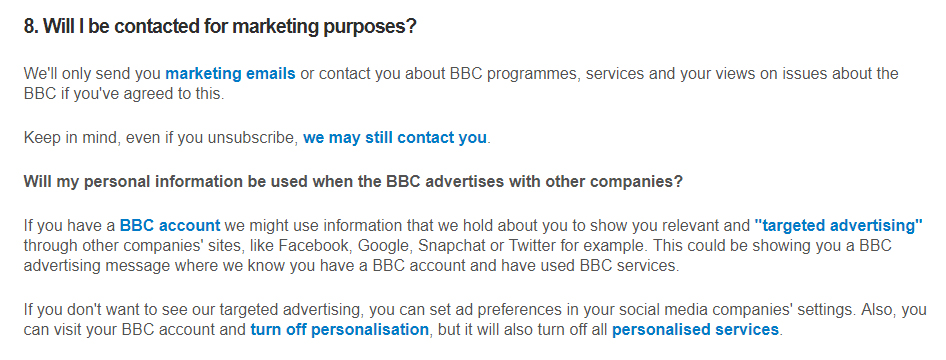 BBC Privacy and Cookies Policy: Contacting for marketing purposes clause