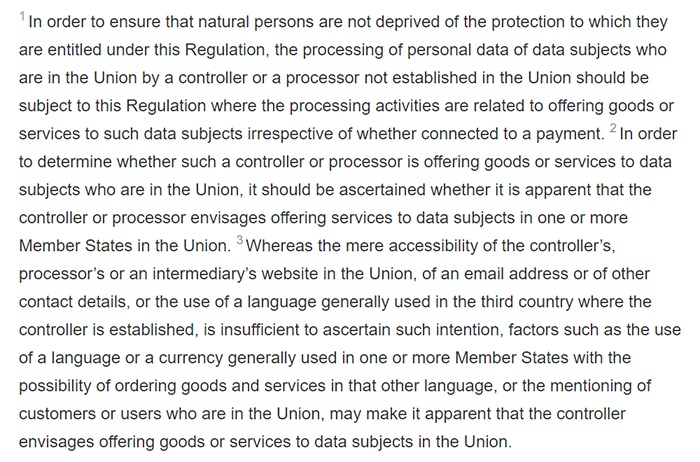 GDPR Info - Recital 23: Applicable to processors not established in the Union if data subject within the union are targeted