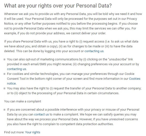 Nestle Privacy Policy: Your rights over your personal data clause