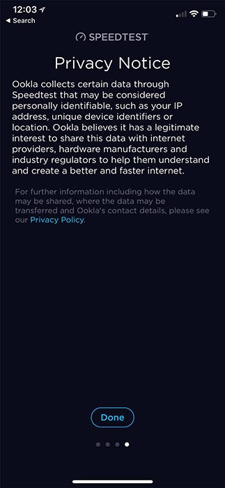 SpeedTest mobile: Privacy Notice screen
