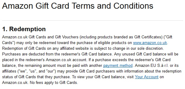 Amazon UK Gift Card Terms and Conditions: Redemption clause